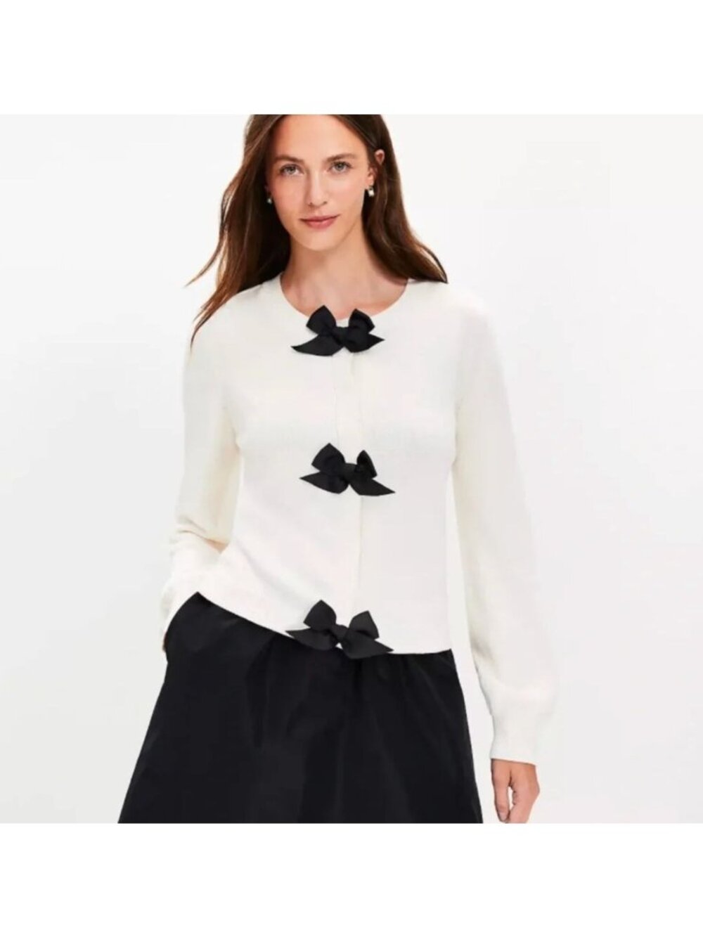 LOFT Bow Cardigan Cream Off White Black Size M Classic Elegant‎ Girly Preppy